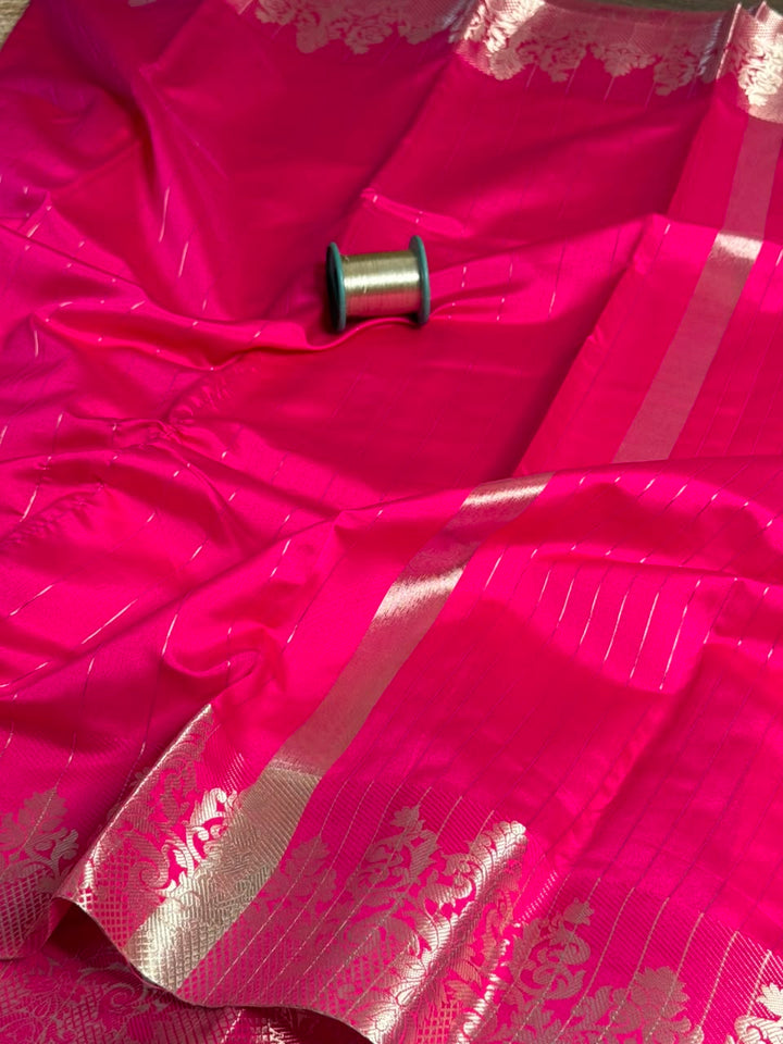 Rani Pink Stripes Weave Softsilk Banarasi Saree