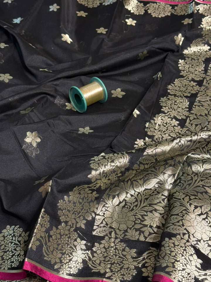 Jet Black Buti Weave Banarasi Silk Saree