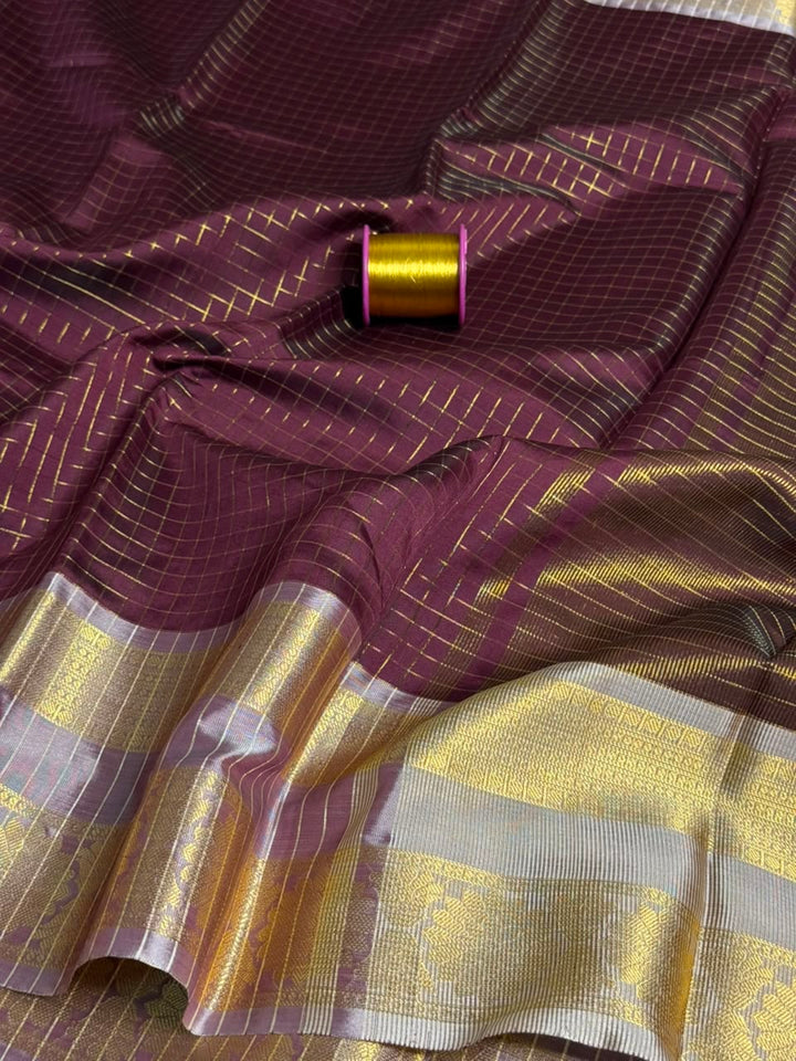 Rare Wine Checks Weave Softsilk Saree