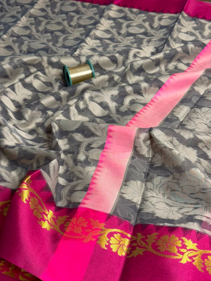 Patola Weave Grey Cotton Banarasi Saree