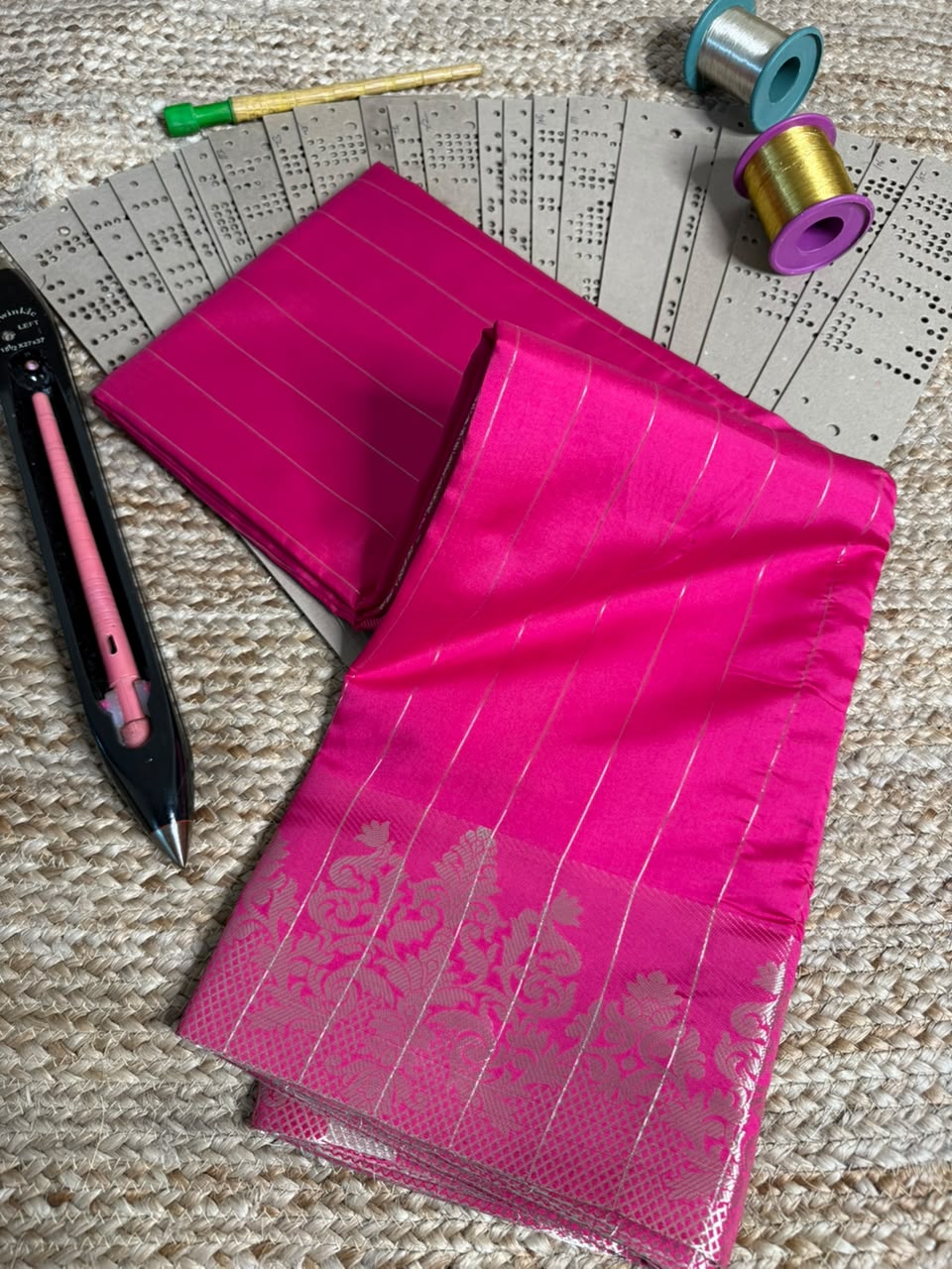 Rani Pink Stripes Weave Softsilk Banarasi Saree