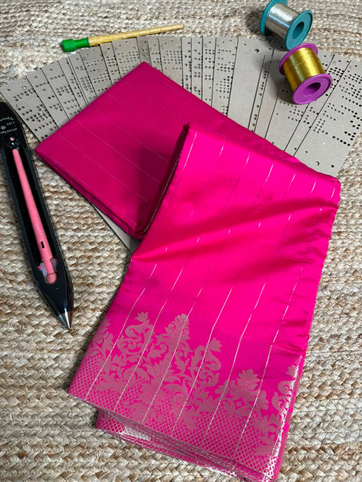 Rani Pink Stripes Weave Softsilk Banarasi Saree