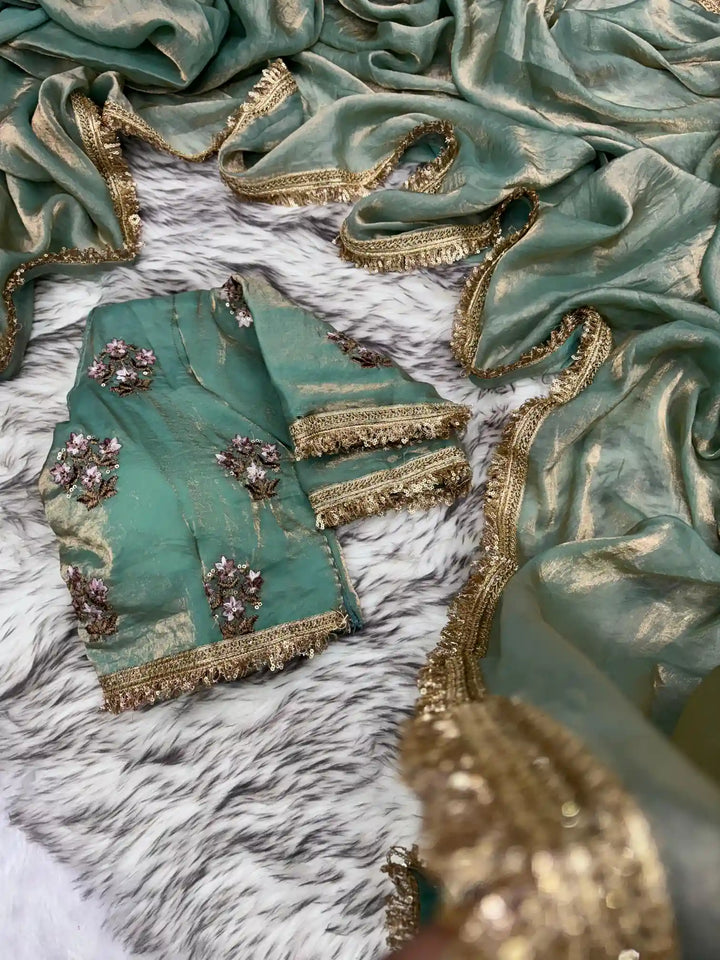 Sabyasachi inspired Alia bhatt met Gala saree in our shimmery tissue fabric with handowork