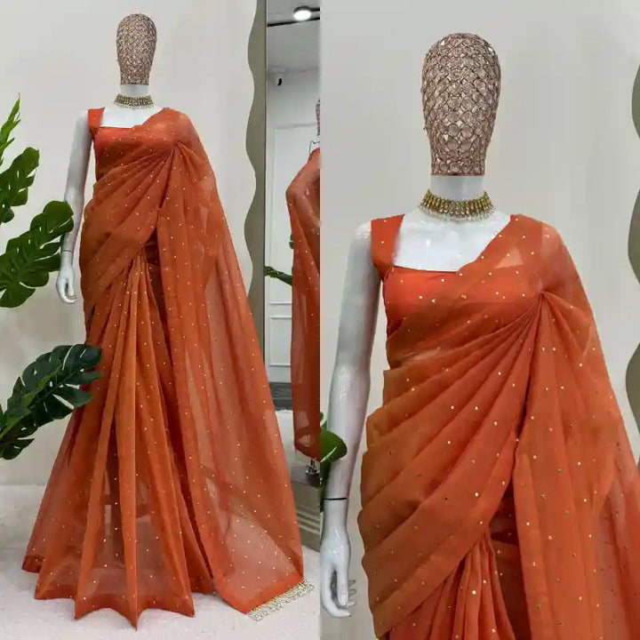 Saffron Shimmery Tissue Silk Designer Saree