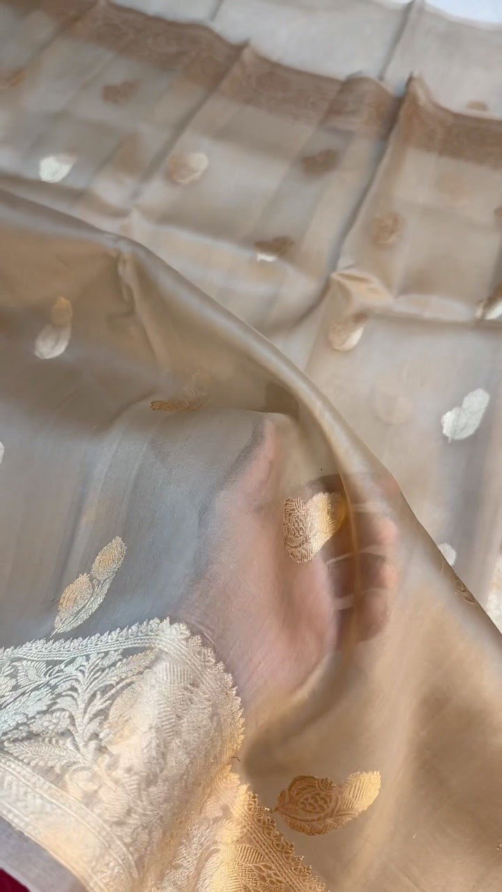 Subtle Beige Shade Handwoven Pure Organza Silk Banarasi Saree In Heritage Weave