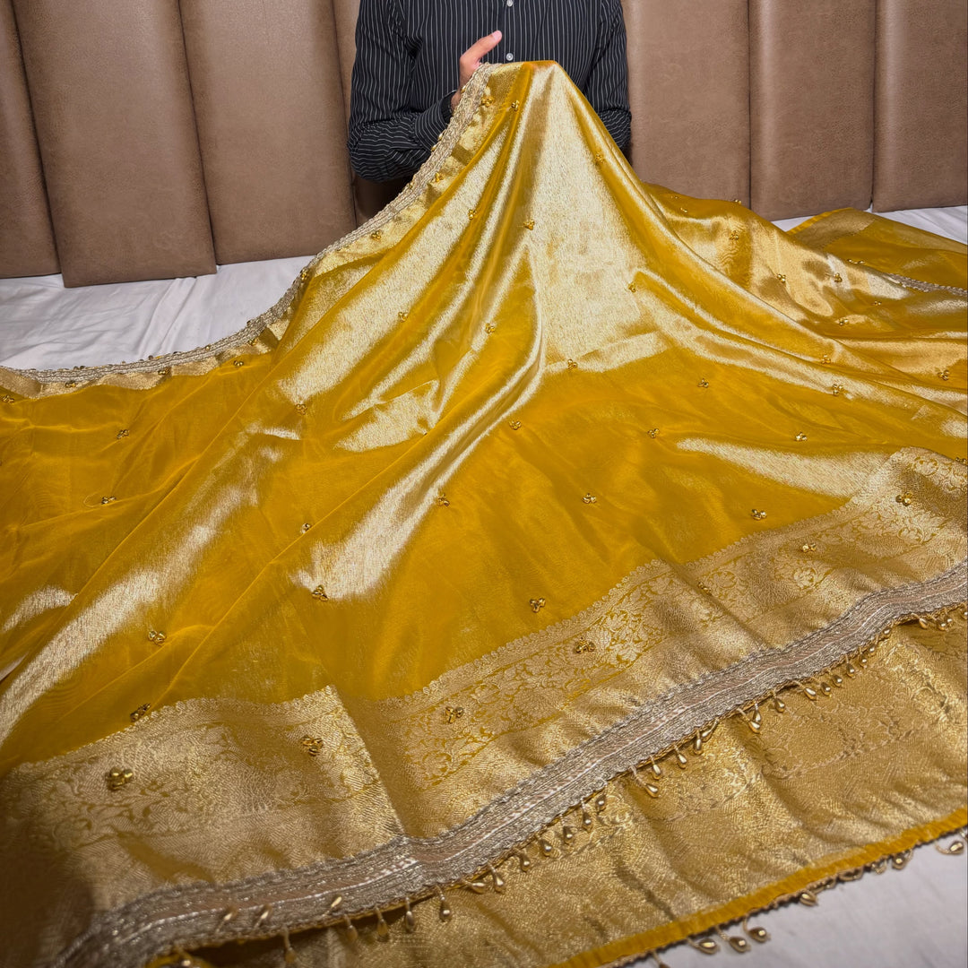 Metallic Yellow Kora Tissue Silk Hand Ghungroo Work Saree