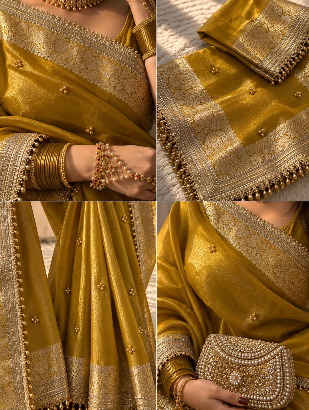 Metallic Yellow Kora Tissue Silk Hand Ghungroo Work Saree