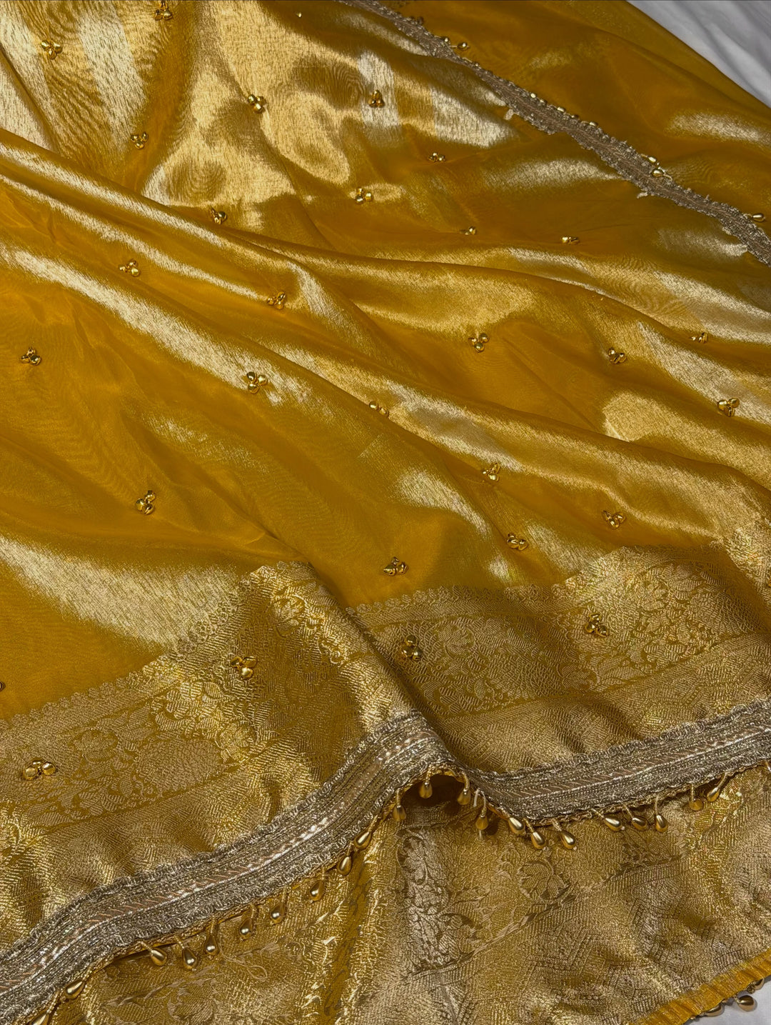 Metallic Yellow Kora Tissue Silk Hand Ghungroo Work Saree