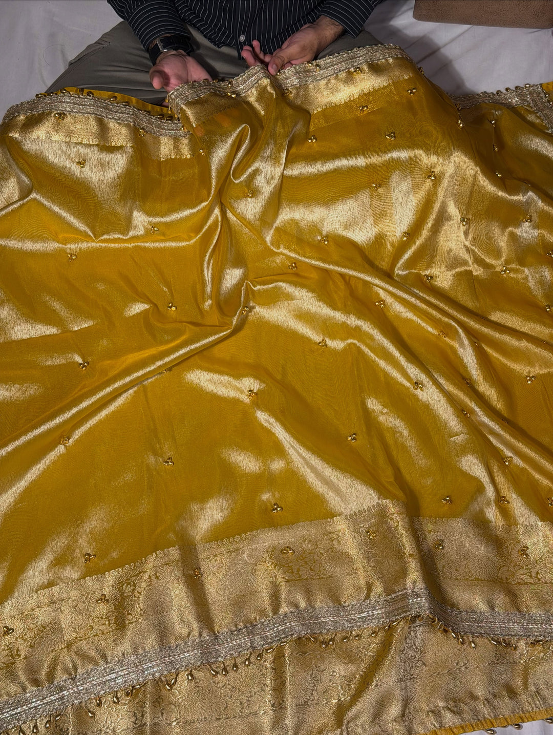 Metallic Yellow Kora Tissue Silk Hand Ghungroo Work Saree