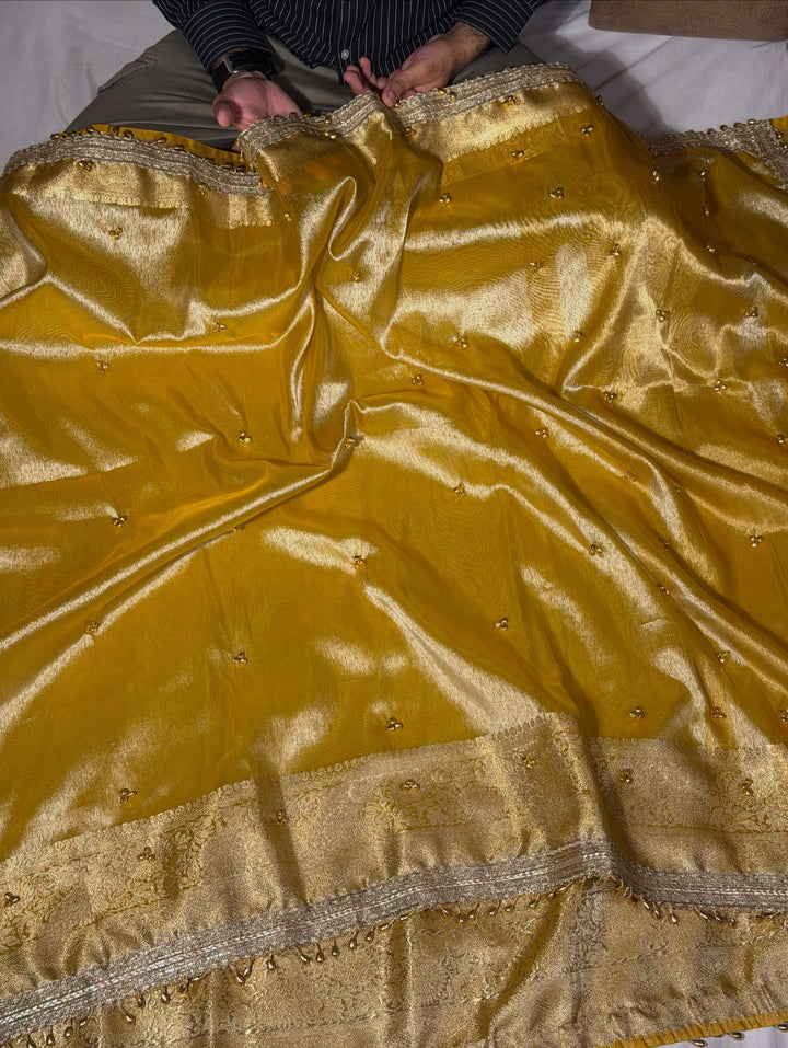 Metallic Yellow Kora Tissue Silk Hand Ghungroo Work Saree