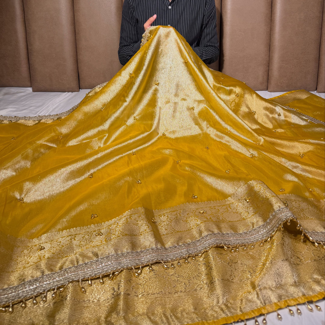 Metallic Yellow Kora Tissue Silk Hand Ghungroo Work Saree