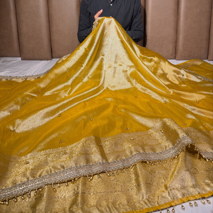 Metallic Yellow Kora Tissue Silk Hand Ghungroo Work Saree
