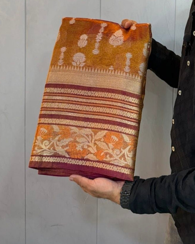 Coffee Brown Crush Tissue Silk Handloom Banarasi Saree