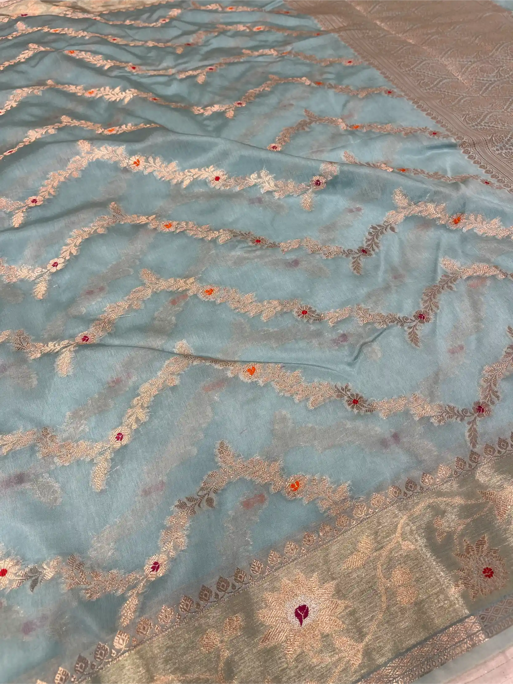 Sea Blue Chinia Silk Heritage Leheriya Meenakari Weave Banarasi Saree