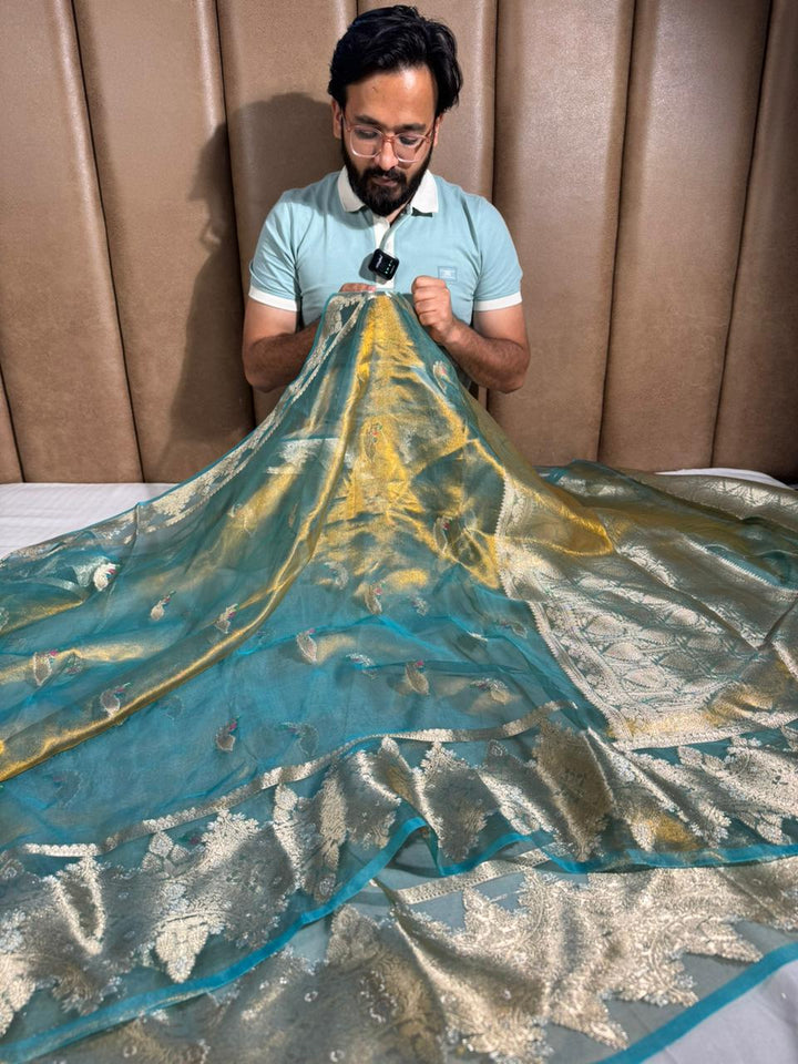 Sea Blue Colour 100% Pure Tissue Silk Saree with Never Seen Before
