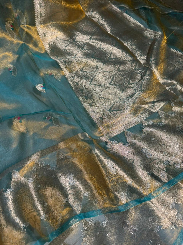 Sea Blue Colour 100% Pure Tissue Silk Saree with Never Seen Before