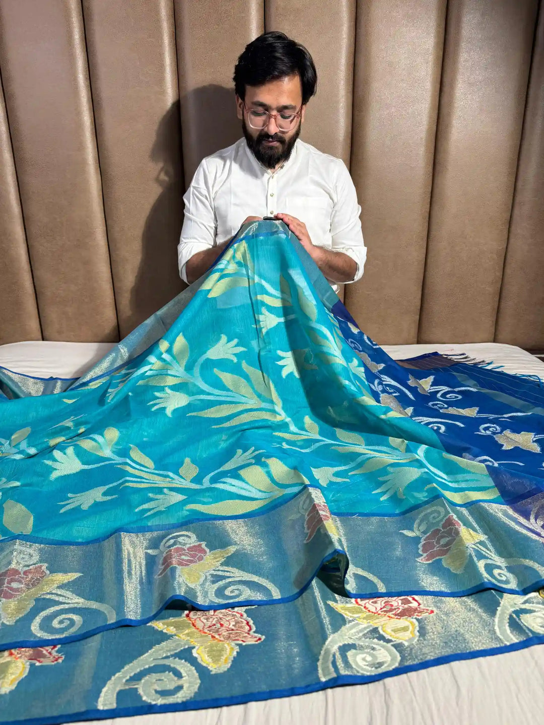 Sea Blue Cotton Pochampally Saree with Very Fine Quality Weaved Technique and Texture Zari Border