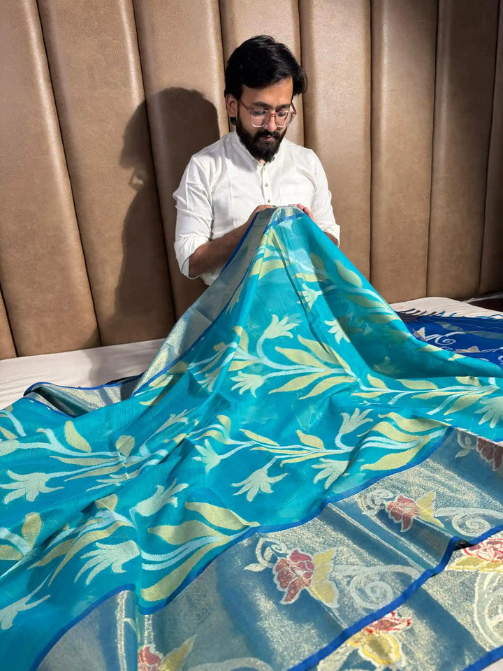 Sea Blue Cotton Pochampally Saree with Very Fine Quality Weaved Technique and Texture Zari Border