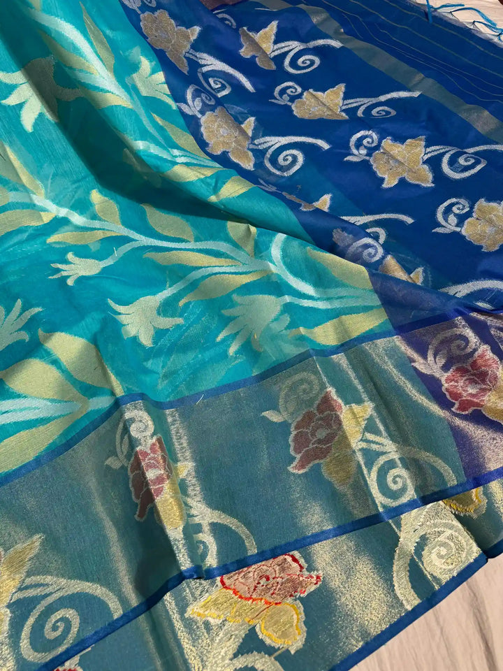 Sea Blue Cotton Pochampally Saree with Very Fine Quality Weaved Technique and Texture Zari Border