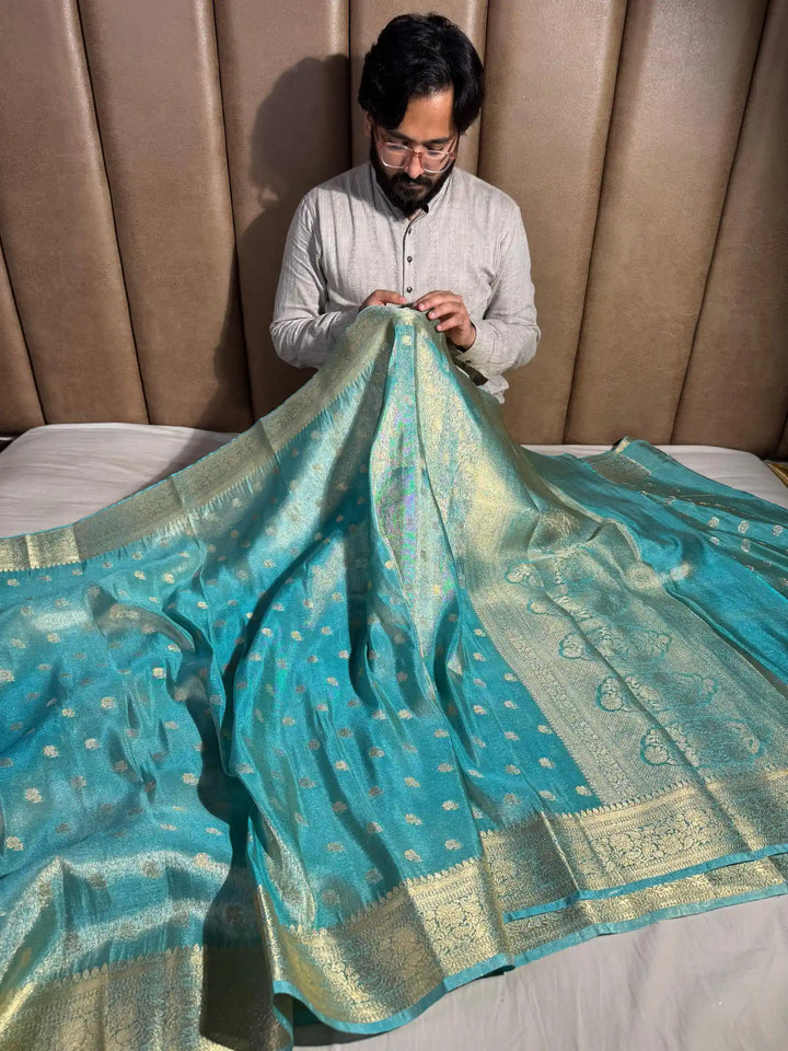 Sea Blue Lightweight Katan Tissue Silk Saree with Rich Pallu and Blouse