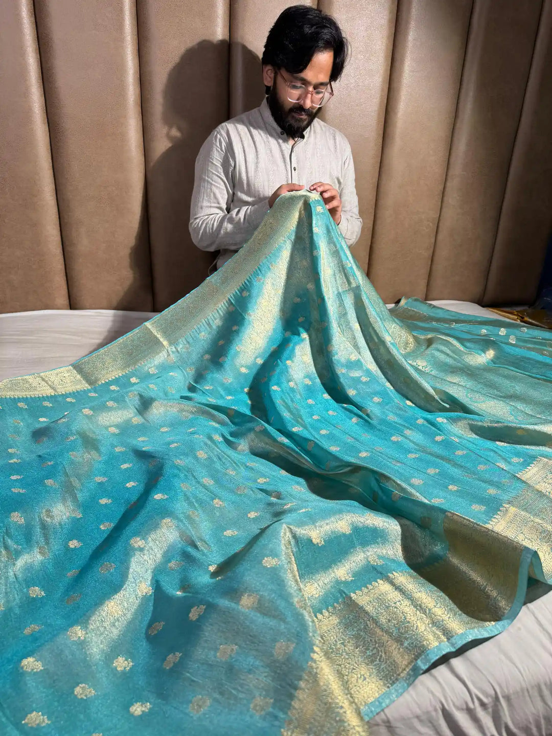 Sea Blue Lightweight Katan Tissue Silk Saree with Rich Pallu and Blouse