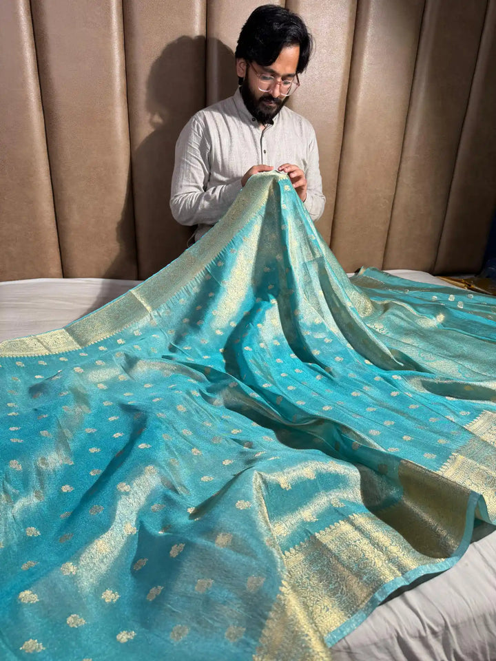 Sea Blue Lightweight Katan Tissue Silk Saree with Rich Pallu and Blouse