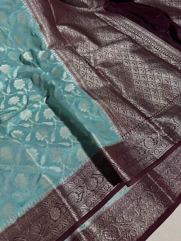 Sea Green Banarasi Khaddi Shiffon Silk Saree with rich pallu and blouse