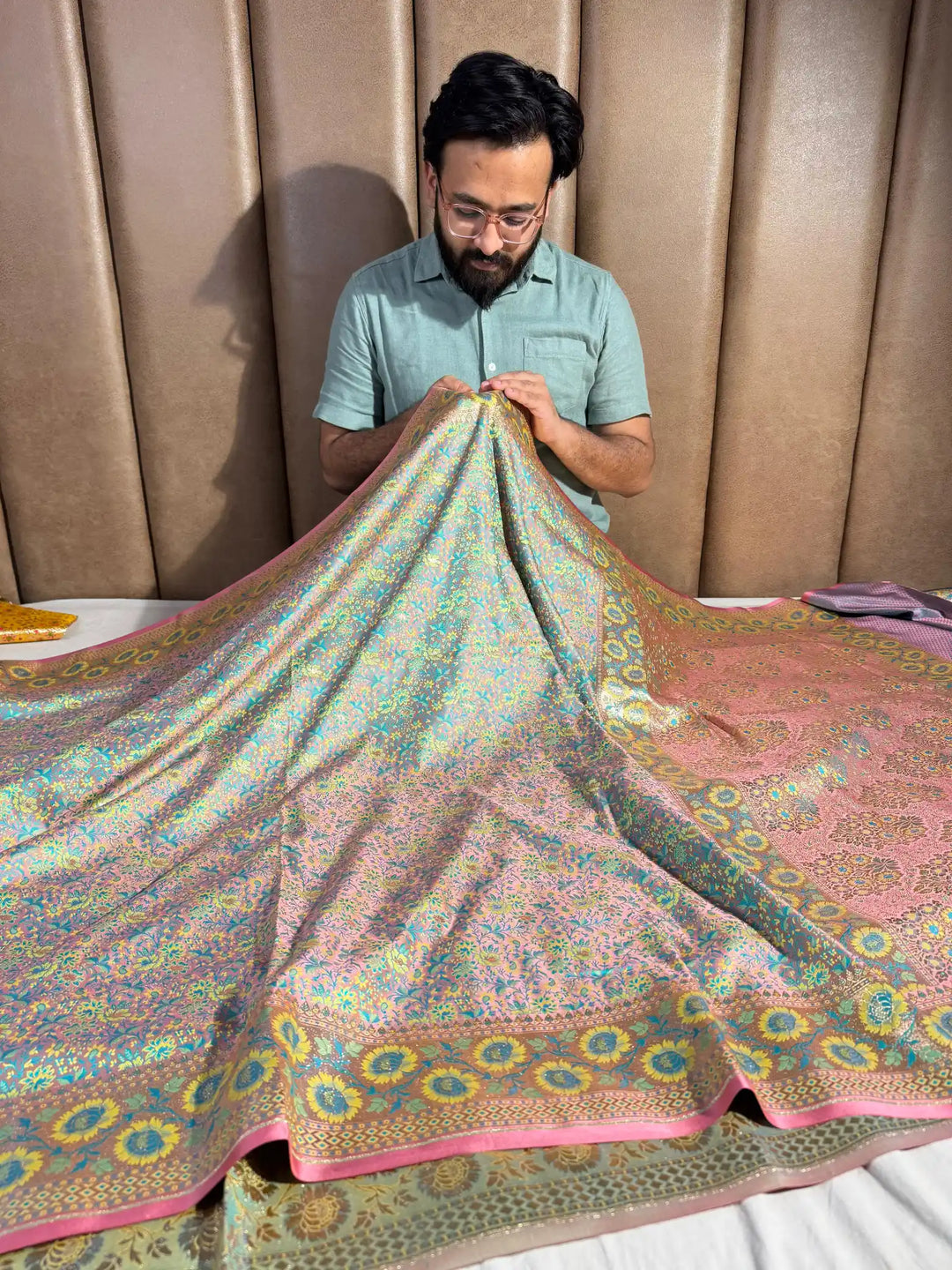Sea Green Banarasi Pashmina Embossed Katan Silk Saree with Rich Pallu and Blouse