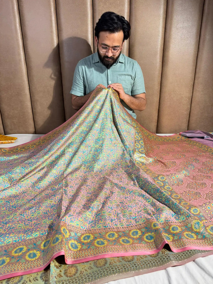 Sea Green Banarasi Pashmina Embossed Katan Silk Saree with Rich Pallu and Blouse