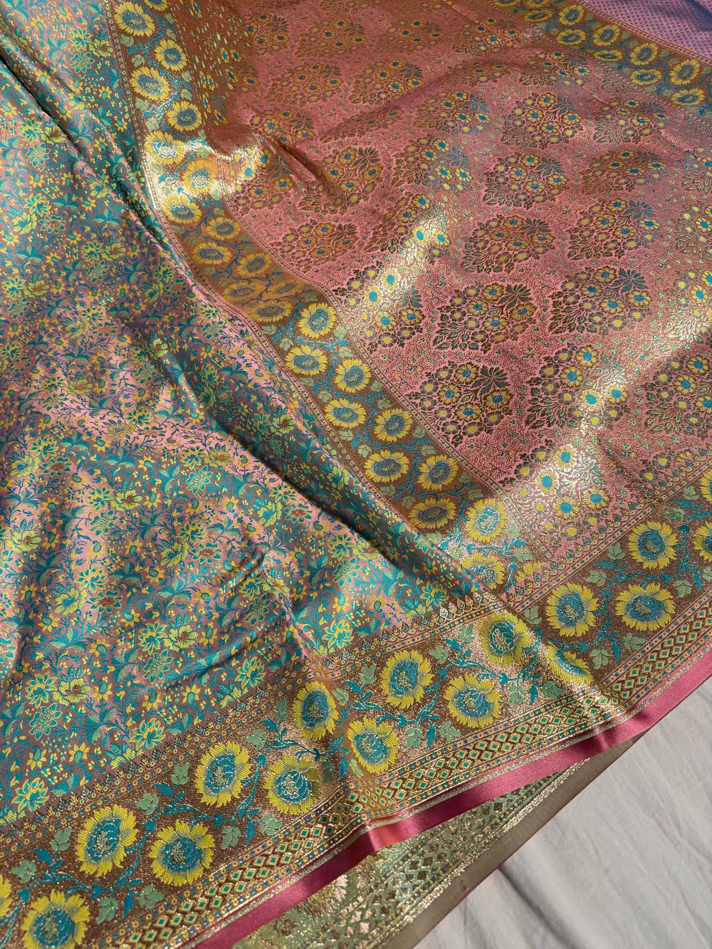 Sea Green Banarasi Pashmina Embossed Katan Silk Saree with Rich Pallu and Blouse