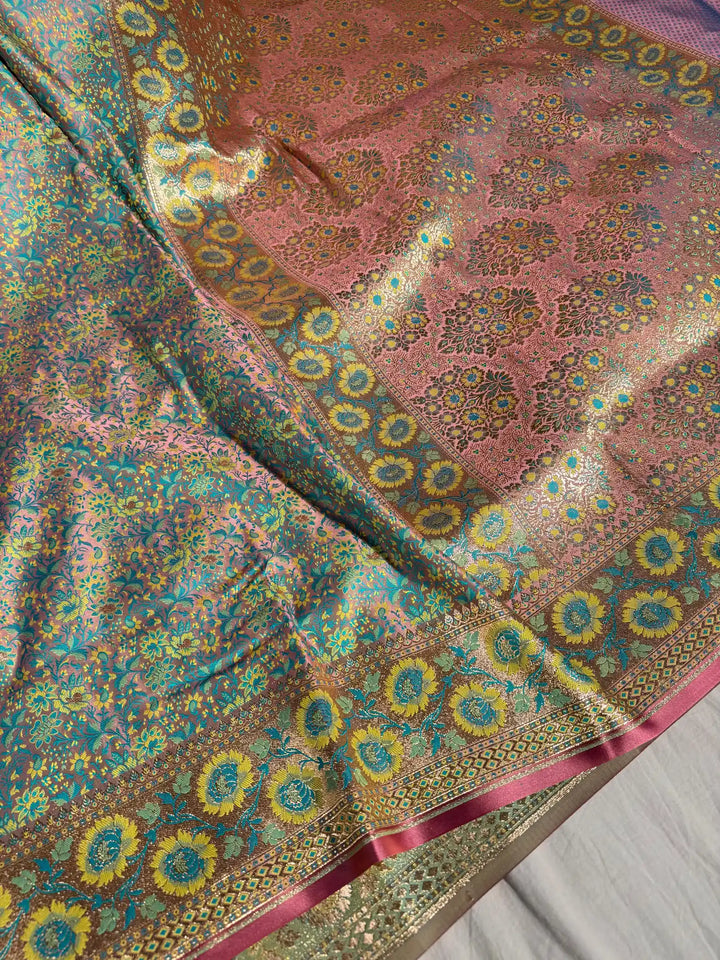 Sea Green Banarasi Pashmina Embossed Katan Silk Saree with Rich Pallu and Blouse