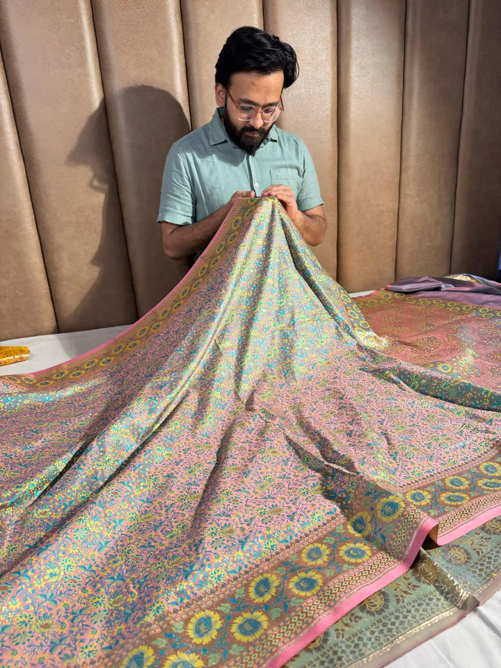 Sea Green Banarasi Pashmina Embossed Katan Silk Saree with Rich Pallu and Blouse