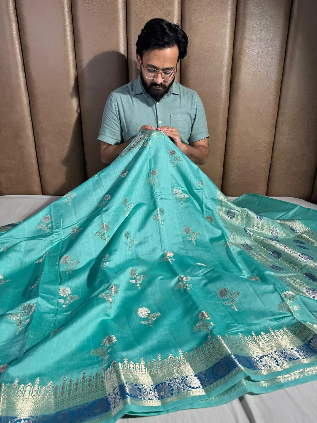 Sea Green Banarasi Pure Chiniya Silk Saree with Handbrush Paint and Rich Pallu