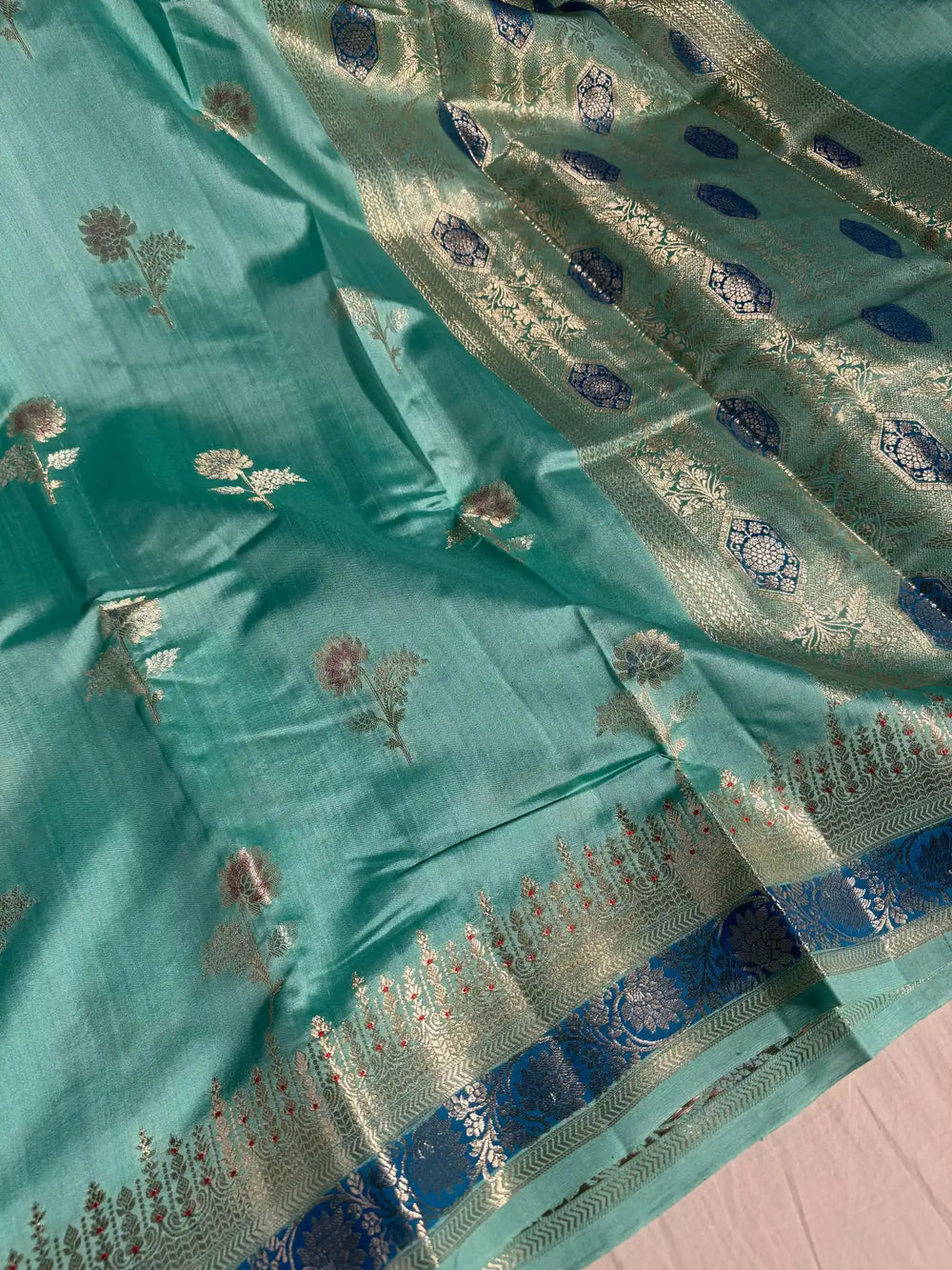 Sea Green Banarasi Pure Chiniya Silk Saree with Handbrush Paint and Rich Pallu