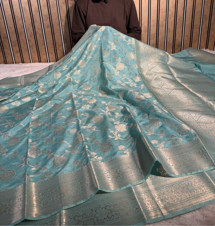 Sea Green Chinia Silk Floral Jaal Weave Banarasi Saree