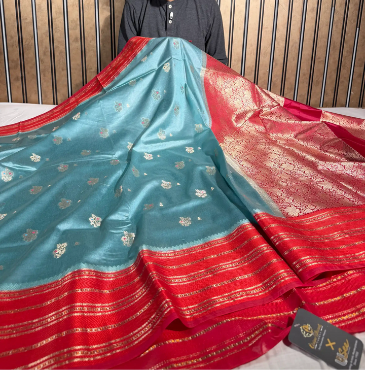 Sea Green Contrast Raw Dupion Silk Banarasi Saree