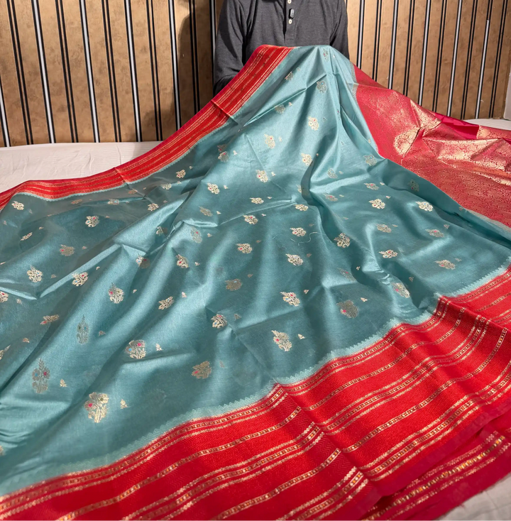 Sea Green Contrast Raw Dupion Silk Banarasi Saree