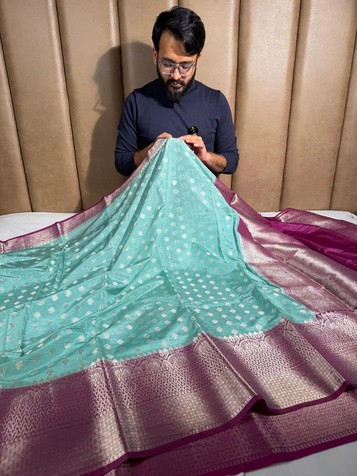 Sea Green Contrast Shade Chinia Silk Banarasi Saree