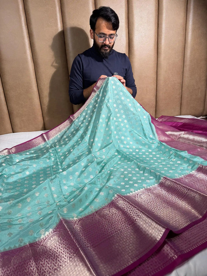 Sea Green Contrast Shade Chinia Silk Banarasi Saree