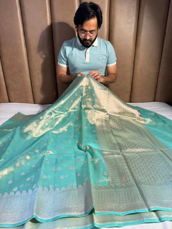 Sea Green Handloom Kadhwa Pure Tissue Silk Saree with Rich Pallu and Blouse
