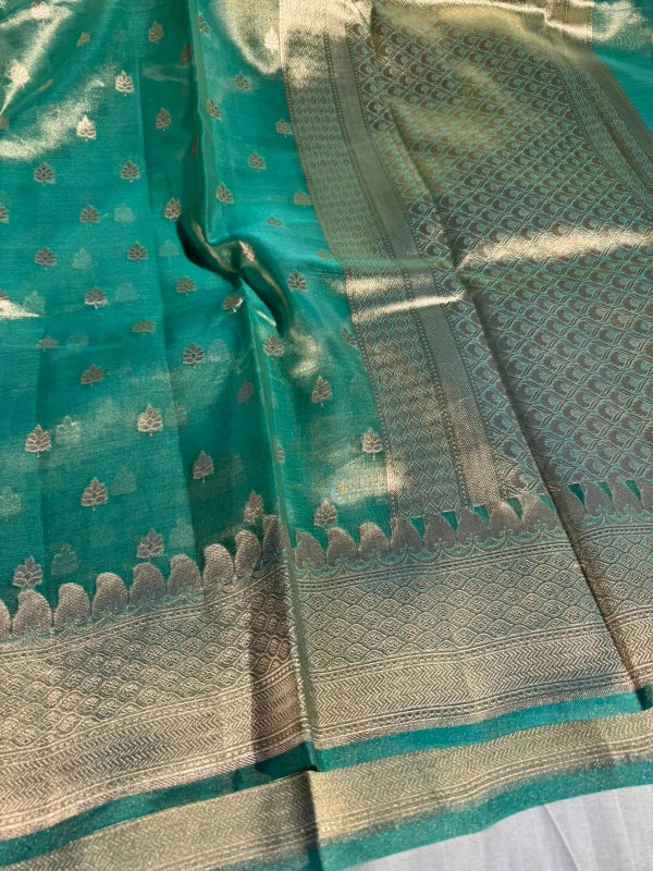 Sea Green Handloom Kadhwa Pure Tissue Silk Saree with Rich Pallu and Blouse