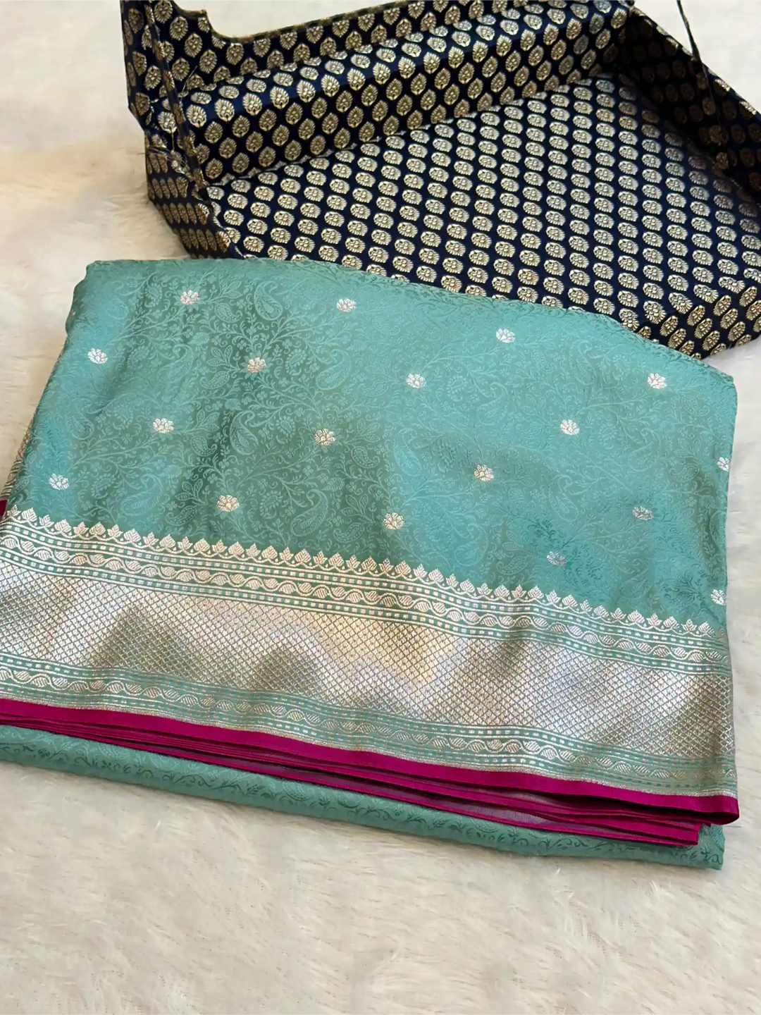Sea Green Intricate Mashru Katan Silk Tanchoi Banarasi Saree