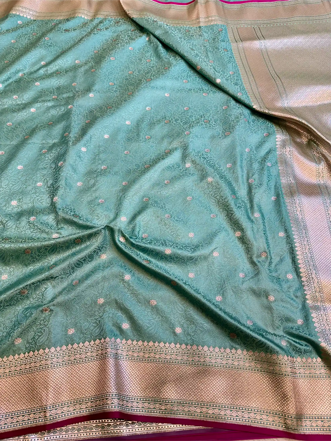 Sea Green Intricate Mashru Katan Silk Tanchoi Banarasi Saree