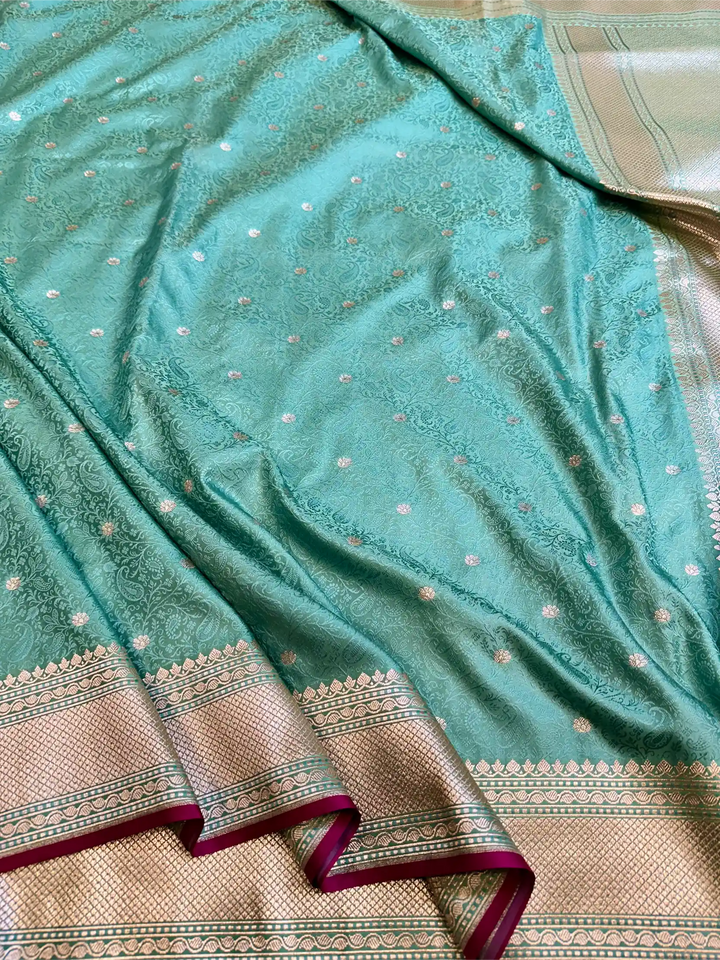 Sea Green Intricate Mashru Katan Silk Tanchoi Banarasi Saree