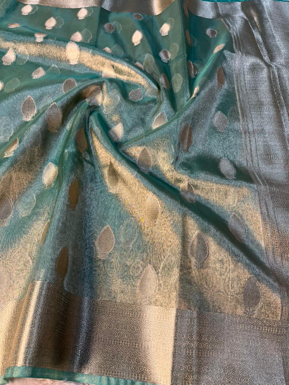 Sea Green Kora Tissue Silk Traditional Jacquard Weave Banarasi Saree