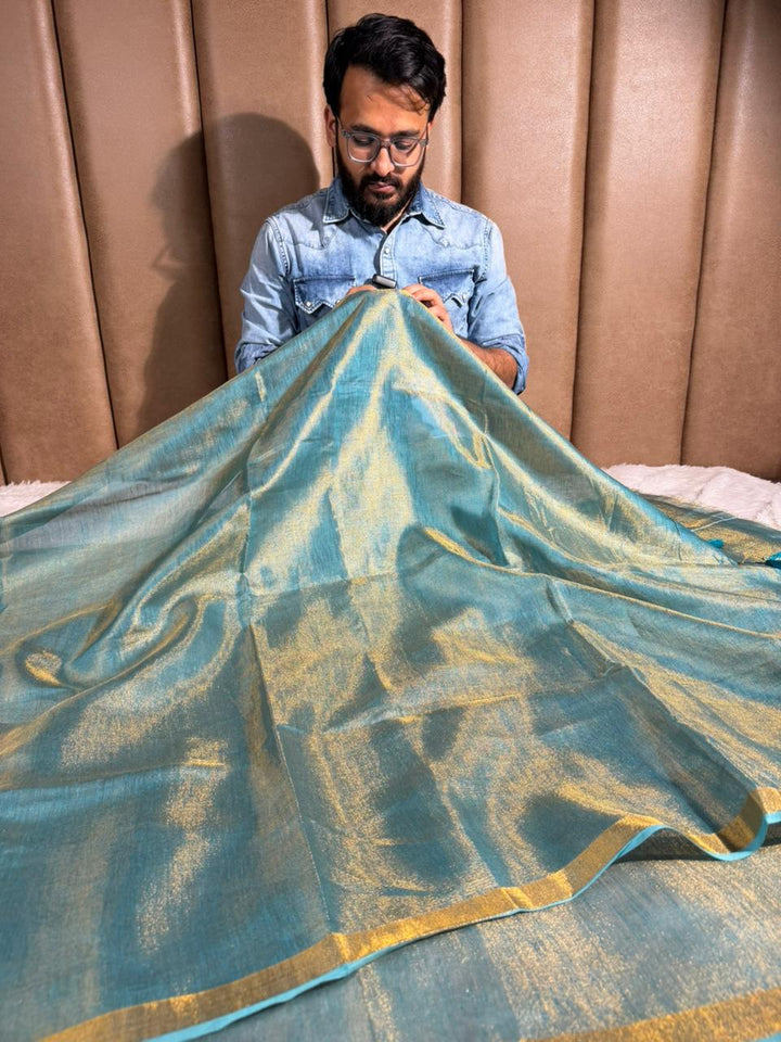 Sea Green Linen Tissue Silk Banarasi Saree