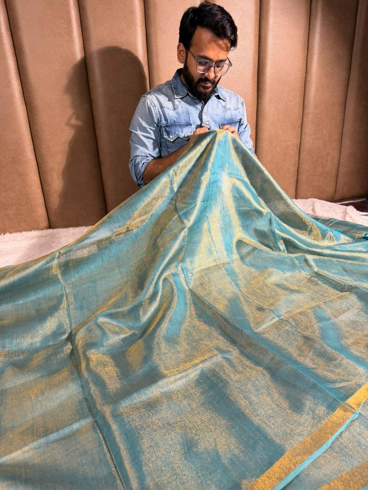 Sea Green Linen Tissue Silk Banarasi Saree