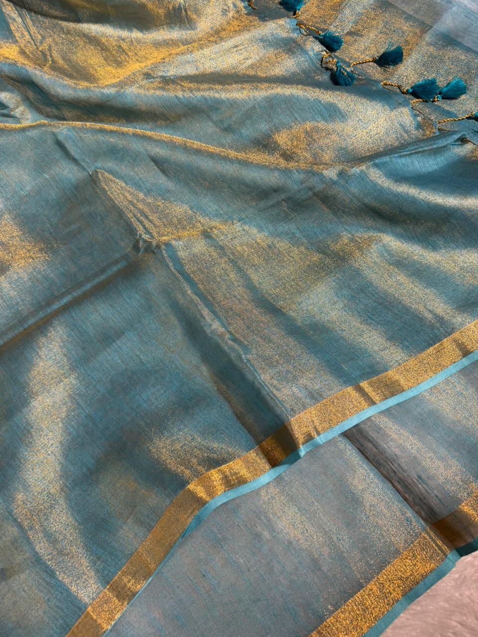 Sea Green Linen Tissue Silk Banarasi Saree