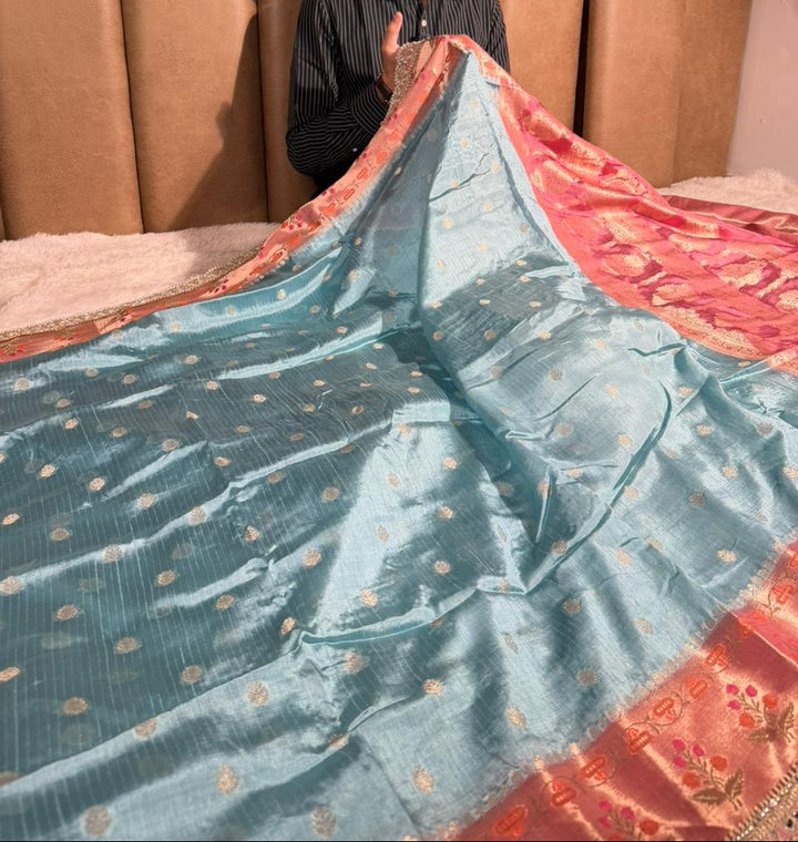 Sea Green Premium Dupion Silk Lace Work Banarasi Saree