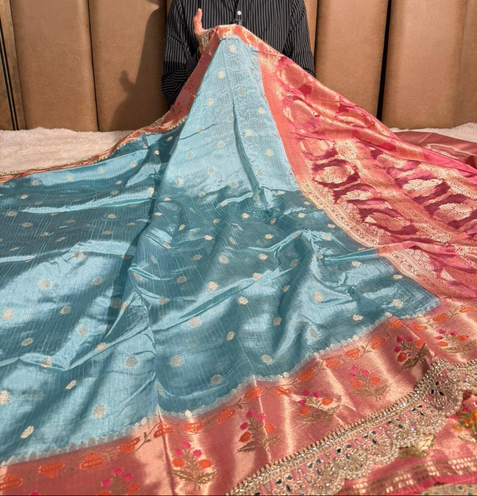 Sea Green Premium Dupion Silk Lace Work Banarasi Saree